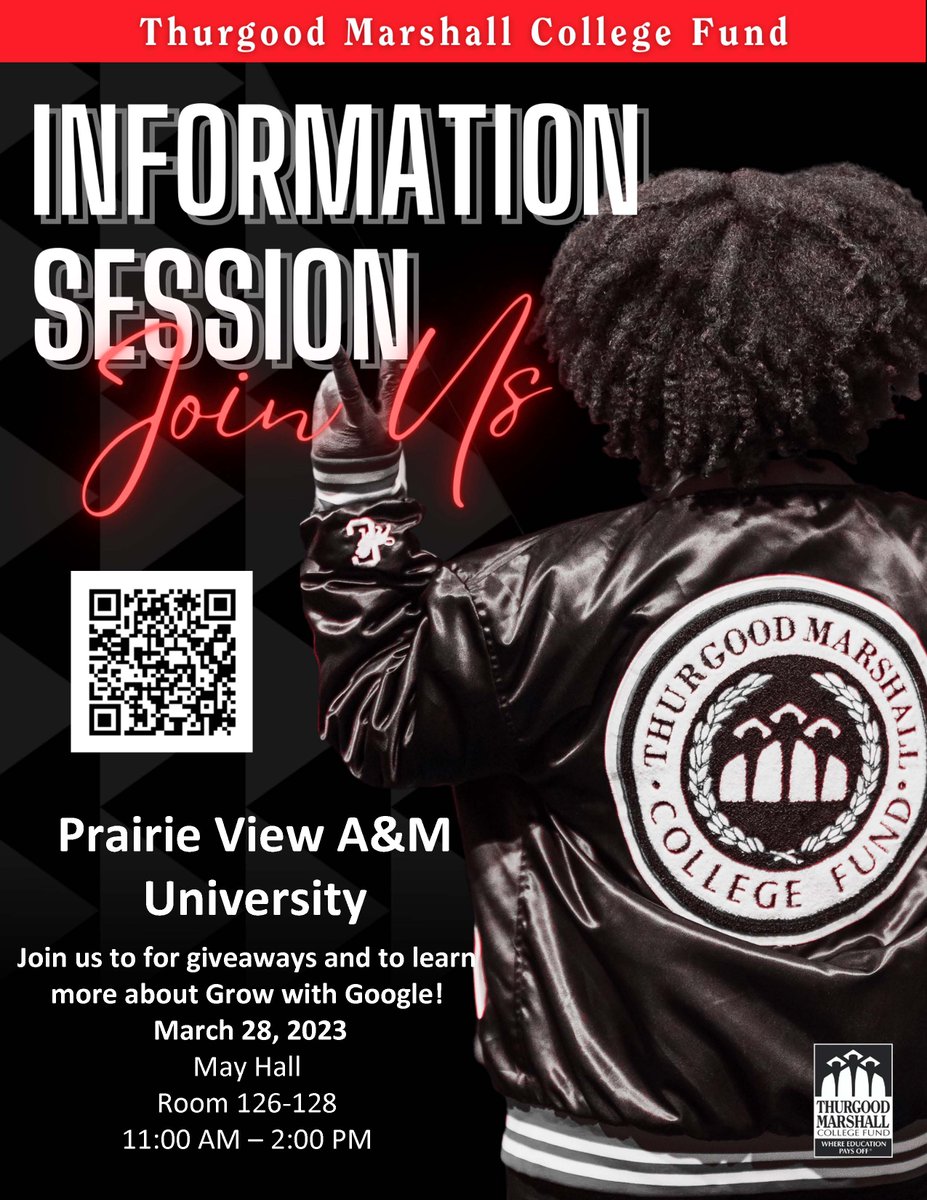 THURGOOD MARSHALL COLLEGE FUND
JOIN US!
ADM INFORMATION SESSION
TUESDAY, MARCH 28, 2023
11 AM - 2 PM 
<a href="/PVAMU/">Prairie View A&M</a>