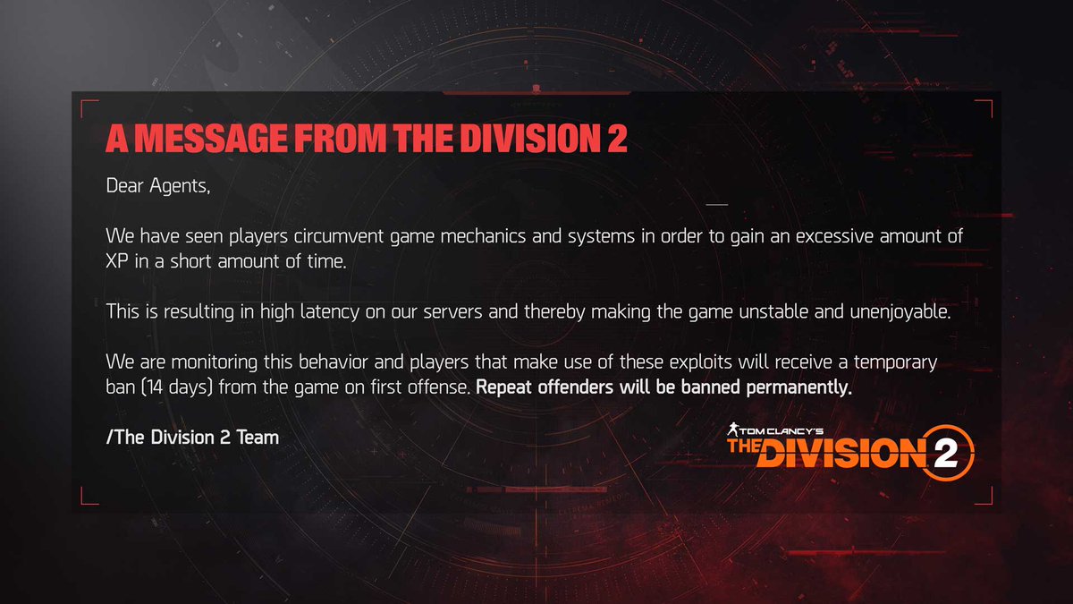 TheDivisionGame's tweet photo. An important message from #TheDivision2 team. https://t.co/syCrUQPao0