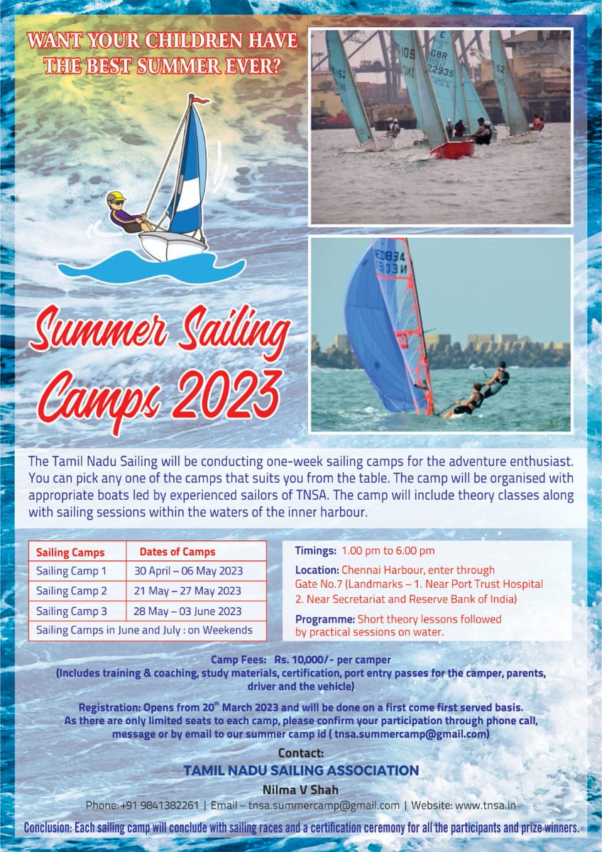 tansail's tweet photo. Most Awaited!!!!  Summer Sailing Camp 2023⛵️⛵️
Camp Dates:
Sailing Camp 1 30 April – 06 May 2023
Sailing Camp 2 21 May – 27 May 2023
Sailing Camp 3 28 May – 03 June 2023
Sailing Camps in June and July 2023 on Weekends😃
Contact: 
tnsa.summercamp@gmail.com       
 +919841382261 https://t.co/MwzZD4ofIR