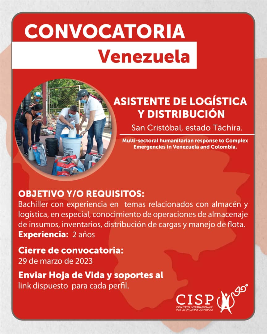 CispVenezuela's tweet photo. Estamos en la búsqueda de un Asistente de Logística y Distribución para San Cristóbal, estado Táchira. Si su perfil se adapta a esta convocatoria ingrese al siguiente link: https://t.co/gDB2et4Yq8 https://t.co/AaBCDe6GfH