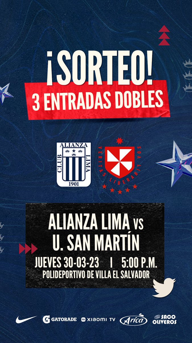 AlianzaLimaVB's tweet photo. ¡Sorteo Blanquiazul!🔵🏐🎟

Premiamos a nuestra hinchada fiel con 3️⃣entradas dobles.

Pasos: 
1️⃣Seguir la cuenta.
2️⃣Etiqueta a un amigo.
3️⃣RT a la publicación.

Los ganadores serán anunciados el miércoles 29 a la 8pm https://t.co/ZAhbDMx5zU