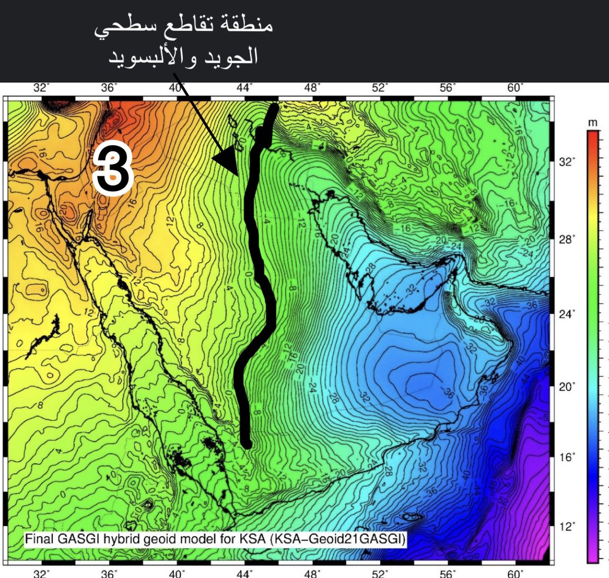 GeomaticsK's tweet photo. الفرق بين الجويد #Geoid والألبسويد #Ellipsoid المذكور في التغريدة أدناه يسمى Geoid Height ويرمز له بالرمز N ويمكن حسابه بالمعادلة البسيطة:
N=H-h (إذا كان سطح الألبسويد أعلى من الجويد- صورة1)
N=h-H (إذا كان سطح الجويد أعلى من الألبسويد - صورة2)
وينعدم الفرق إذا تطابق سطحي الجويد والألبسويد كما هو موجود في #المملكة (صورة3)