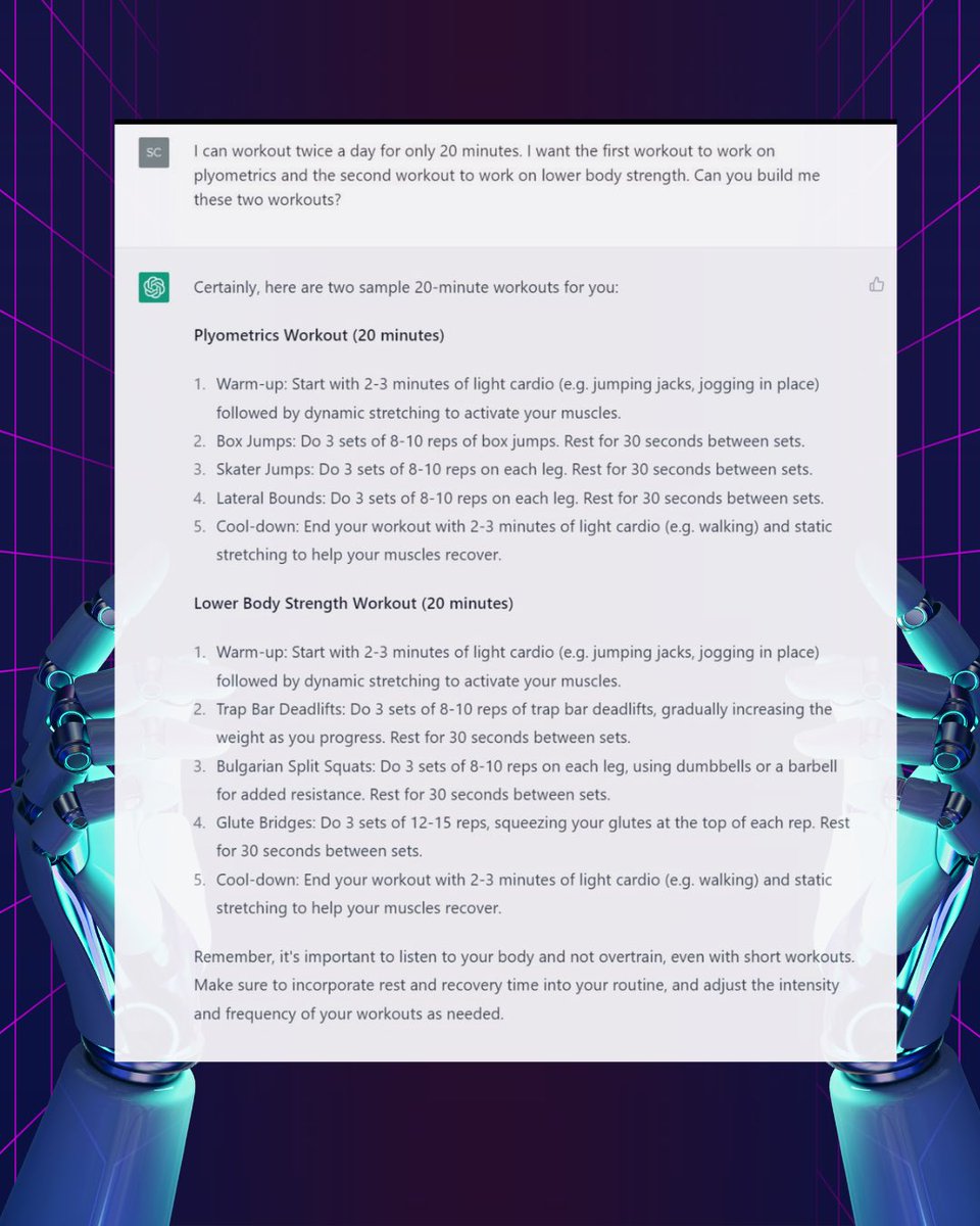 strong_science's tweet photo. Asked ChatGPT to make a me 2 workouts for my limited training time in a day. Here is what I told me. Strength coaches be fearful… our days are numbered? https://t.co/J62Uco8vkJ