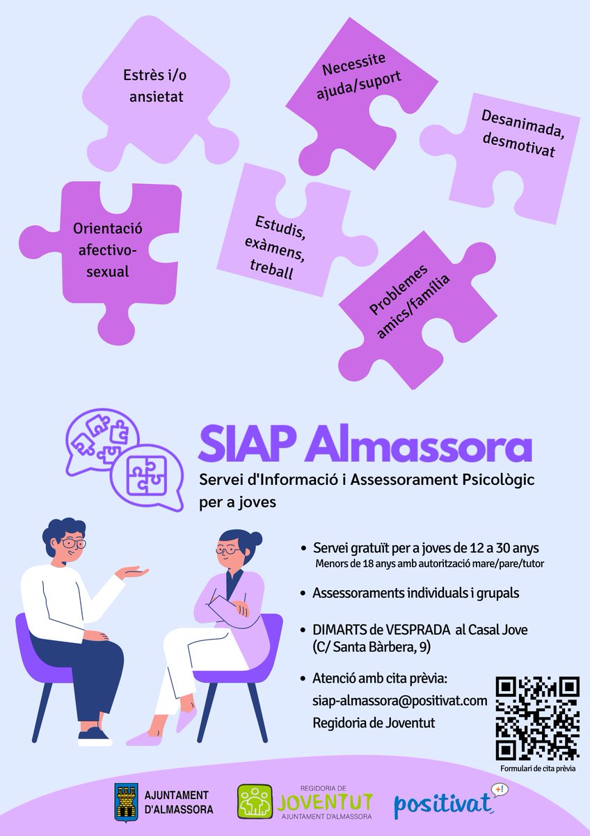 SEMBREM_org's tweet photo. Presentamos #SIAP #Almassora un servicio gratuito de información y asesoramiento psicológico juvenil. 

Gracias a @CJove_Almassora se orientará y dará apoyo en las dudas, preguntas o problemas que tengan los/as jóvenes entre 12 y 30 años.

Con cita previa: https://t.co/t3i0RoDNLE https://t.co/yDwCxokamN