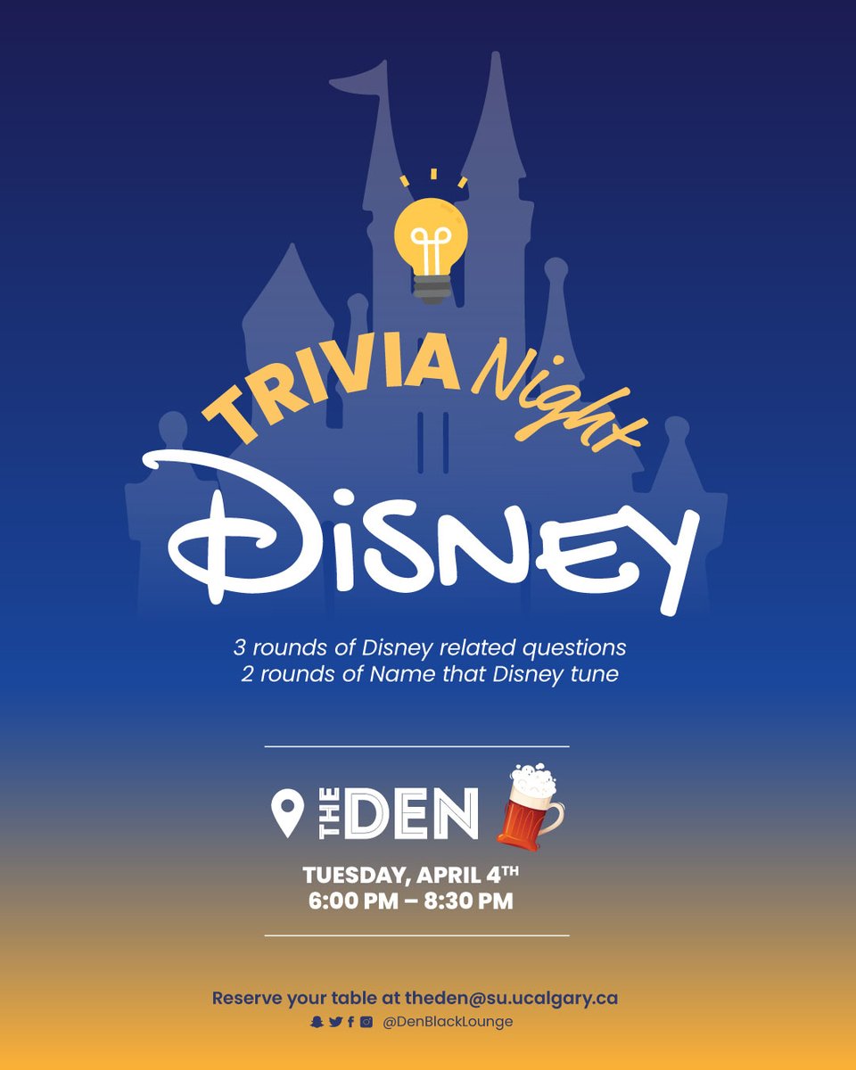DenBlackLounge's tweet photo. Calling all Disney fans! Put your knowledge to the test at The Den's Disney trivia night. Who will come out on top?🤔🏆🎉

Join us next Tuesday, registration opens at 5:30 and trivia starts at 6. As always the top 3 will win some great prizes!  
#DisneyTrivia #TheDen #TriviaNight https://t.co/RmvI33BzHb