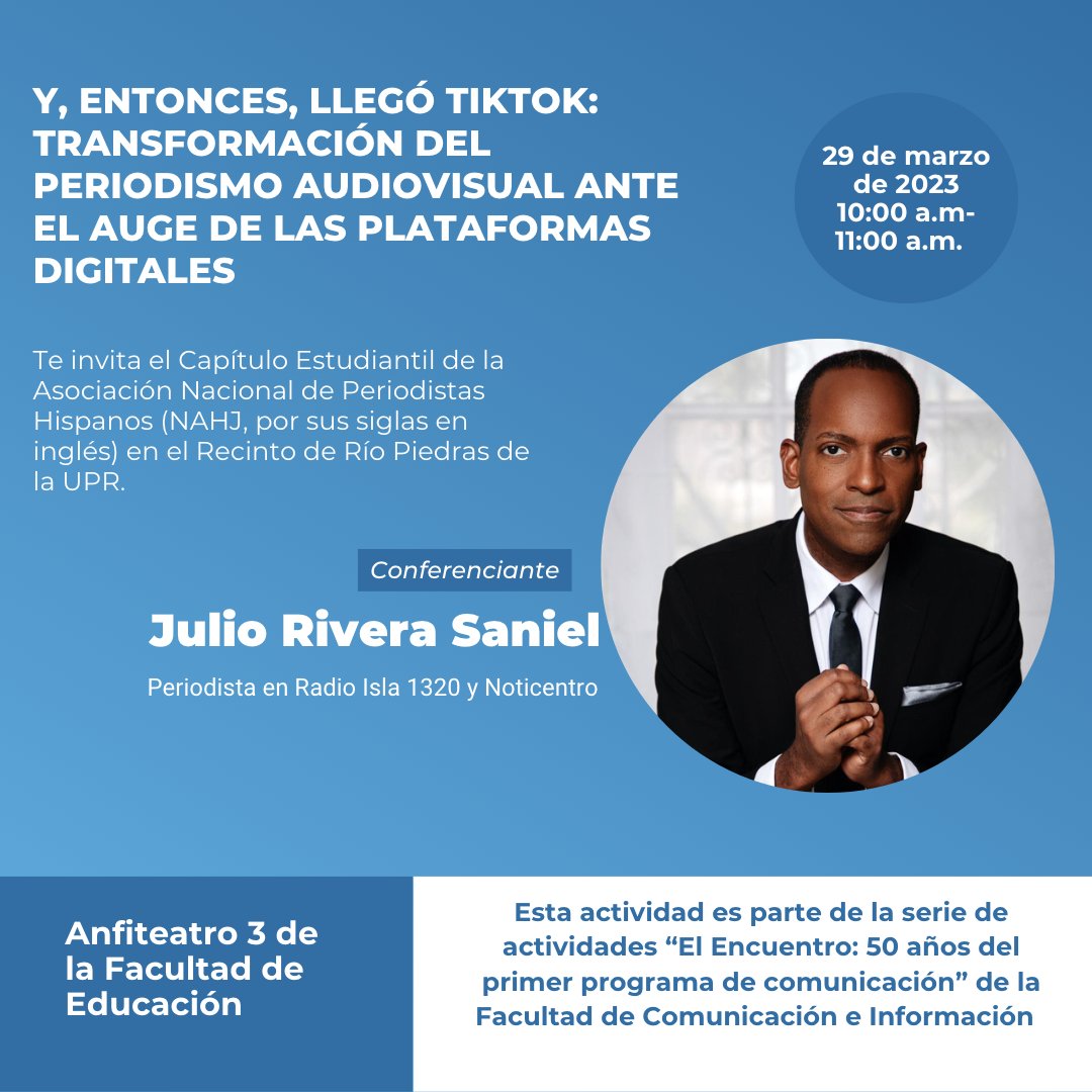 apepuprrp's tweet photo. Les invitamos a nuestra conferencia "Y, entonces, llegó TikTok: Transformación del periodismo audiovisual ante el auge de las plataformas digitales", con el periodista @riverasaniel.  La conferencia será en el anfiteatro 3 de la Facultad de Educación. 
¡Los esperamos! https://t.co/3g9dxKLZ9f