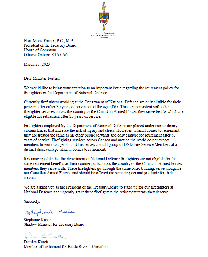 StephanieKusie's tweet photo. Today, @dckurek and I wrote to the Pres. of the Treasury Board asking for Dept. of National Defence Firefighters to be eligible for their pension after 25 years’ service; consistent with other firefighter services across the country and the Canadian Armed Forces they serve with. https://t.co/XSlt1zDFPR