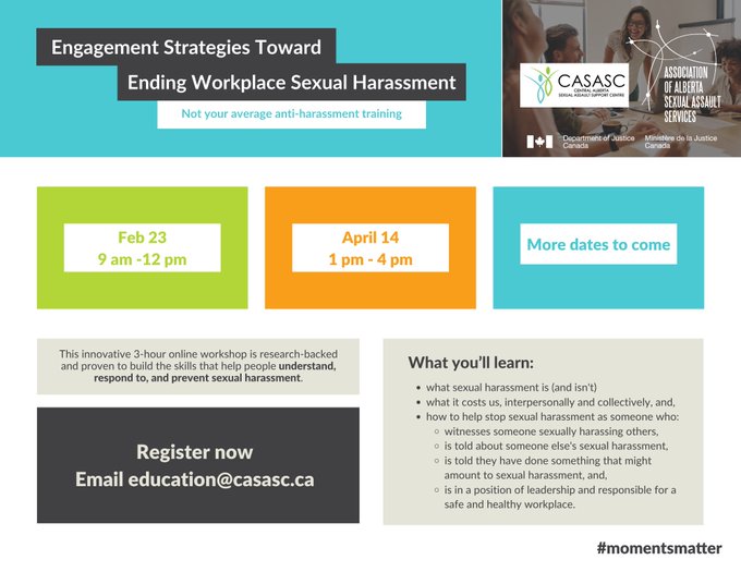 CASASC2's tweet photo. This is not your average anti-harassment training. Register today for Engagement Strategies Toward Ending Workplace Sexual Harassment training
#MomentsMatter partners receive a discount
APRIL 14, 1-4pm
Details at: https://t.co/sVZp6pheRl
#CentralAB #yqf #Prevention #Training https://t.co/bcNz3LCVp7