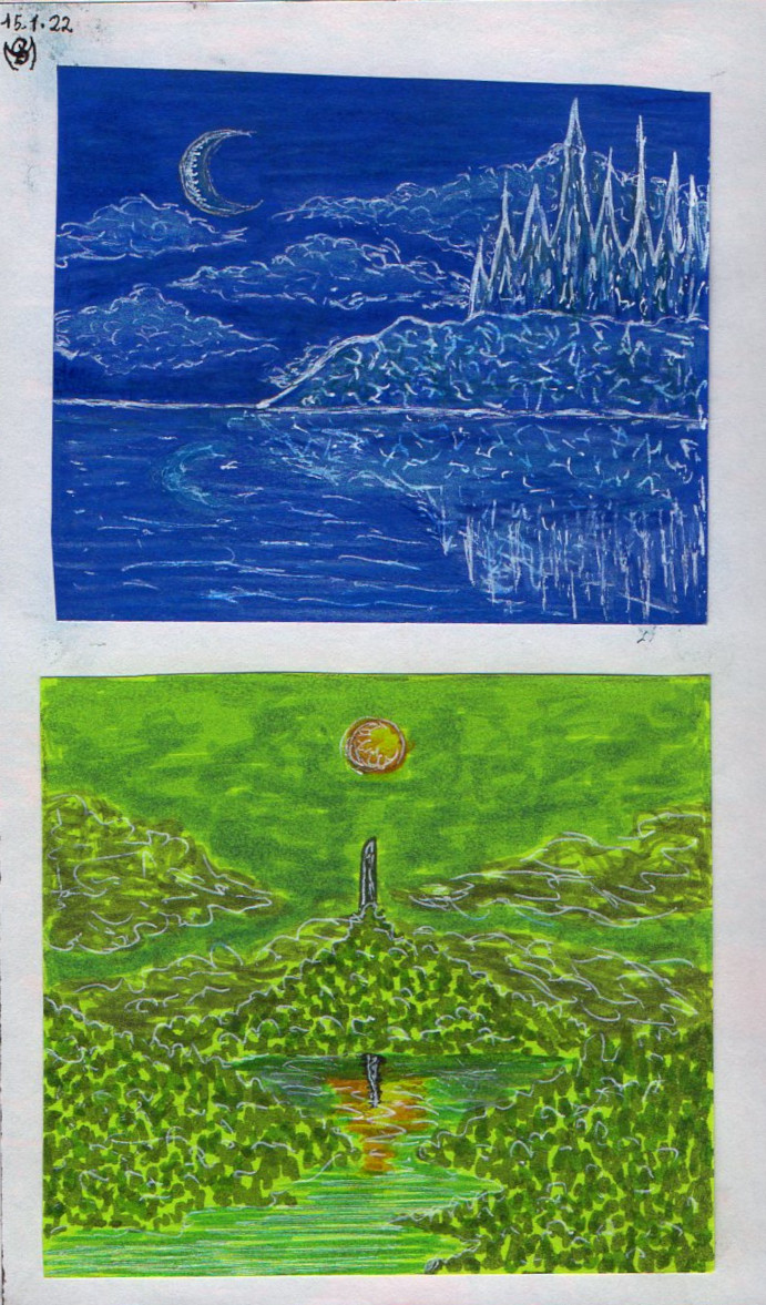 Virivishu's tweet photo. Blue and Green
Drawings in A6 sketchbook
#art #traditionalart #fantasyart #sketchbook #coloredpencils #markers #gellpen #landscapedrawing #landscape #scenerydrawing #scenery #night #day https://t.co/CPSOvyohoA