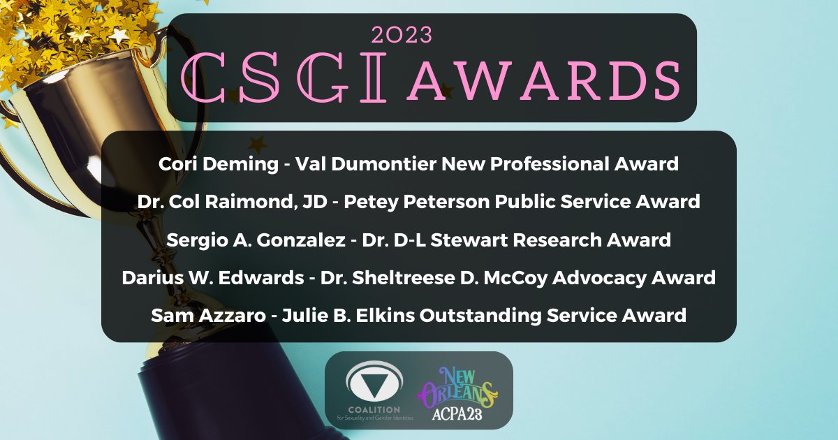 ACPA_CSGI's tweet photo. Condragulations to our 2023 CSGI Award Winners! We celebrate you, we honor you, and we thank you for your work to improve, advocate, and research the lives of LGBTQIA+ students and staff within Higher Education.
-
#ACPA23 #CSGI #QueerHigherEd #BoldlyQueering #BoldlyTransforming https://t.co/yyC2LXFUvt
