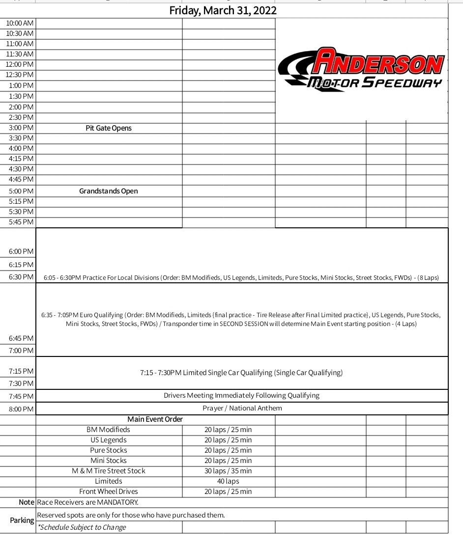 amspeedway's tweet photo. Race day schedule for Friday March 31
#andersonmotorspeedway #yeahTHATracetrack #IAMAMS https://t.co/6yo7qIJEVi