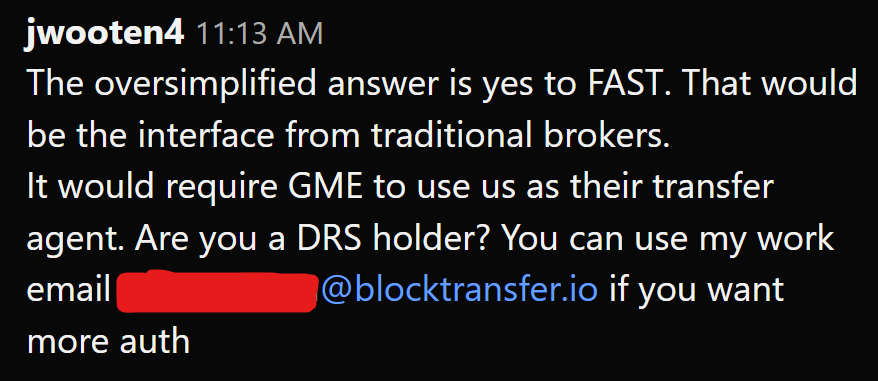 itsalwaysrains's tweet photo. hey @ryancohen have you considered using a #blockchain #TransferAgent in place of the default transfer agent?

This would allow us shareholders to utilize something great.
My Q was: since DTCC is the central repository, you are part of fast correct? how can GME onboard? https://t.co/S71pFi6kDX