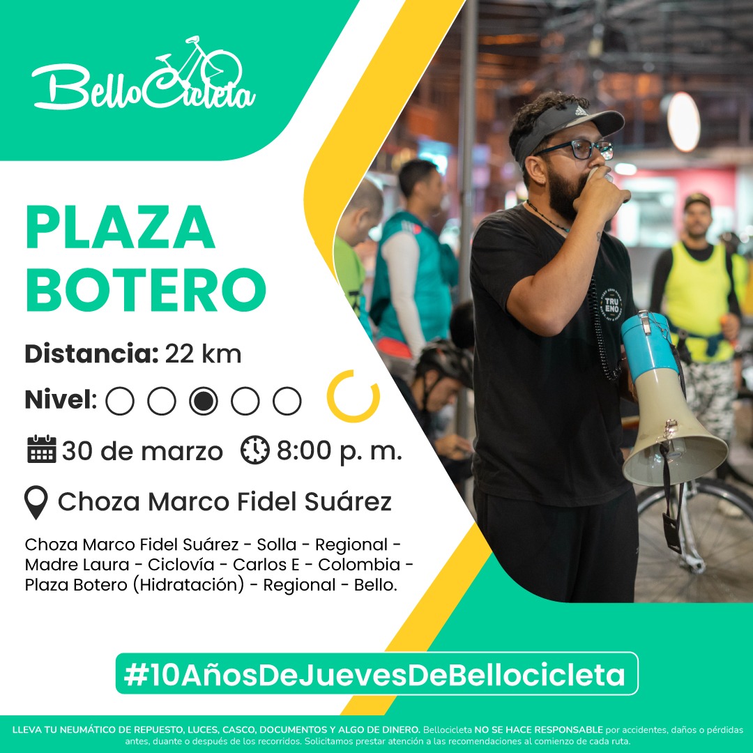 Yo ruedo con Bellocicleta, ¿Y vos? 
Contale a tus amigos que todos los jueves a las 8:00 p.m. nos encontramos en La Choza Marco Fidel Suárez en Bello y nos vamos a rodar🚲🛼 y parchar🎉 🎶 está rutica va estar muy sabrosa, vamos para La Plaza Botero.
<a href="/El_Bellanita/">El Bellanita</a>