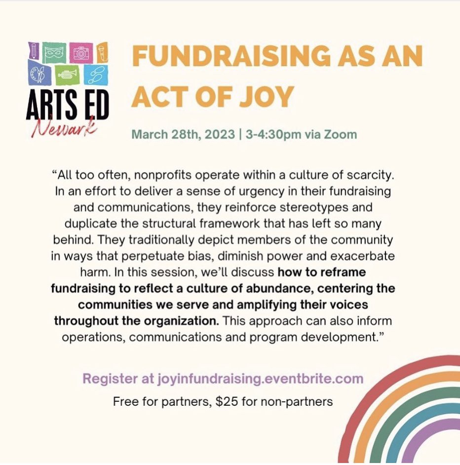 ArtsEdNJ's tweet photo. March 28th, 3-4pm via zoom🤩 @artsednewark is pleased to present Fundraising as an Act of JOY. 
Register here, free for Arts Ed Newark partners, $25 for non-partners: https://t.co/GzH3DAHDES

#artsednow #artsednj #marchisartsinschoolsmonth #artsednewark https://t.co/sceU2AM7d5