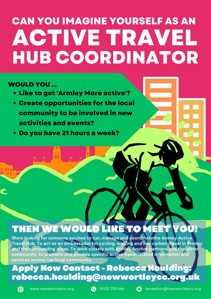 GetLeeds's tweet photo. A brilliant opportunity to become a Active Travel Hub Coordinator in and around Armley. Contact Rebecca for more information! https://t.co/EKl7fOSxle