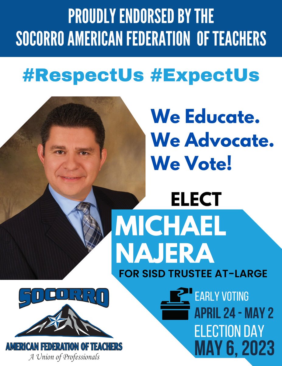 SOCORROAFT's tweet photo. We know what we're fighting for ✊ If you believe in #Respect for our @SocorroISD classrooms, retirement, buses, cafeterias, libraries, offices, and lives, join us in this fight #RespectUsExpectUs

Vote for Pro Public Education Candidates!

#OurSchoolsAreNotforSale https://t.co/EYBnvsMCp6