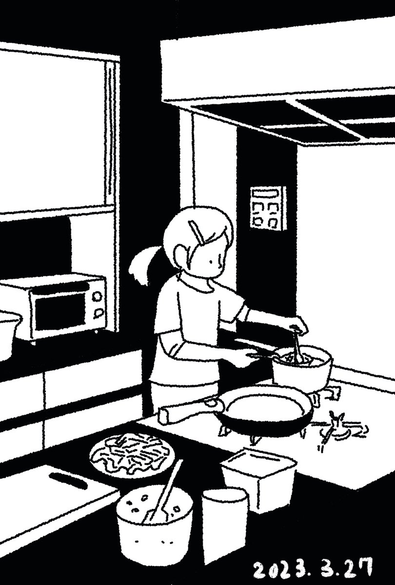 お手伝いでお味噌汁を作る娘。 #本日のラクガキ #育児絵日記 