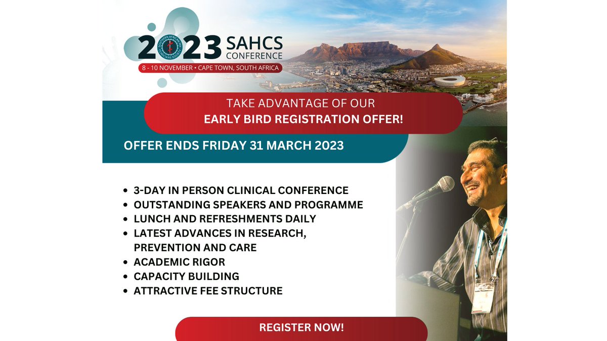 #SAHCSConference2023 We are planning an outstanding event for you - in #CapeTown - there are still a couple of days to take advantage of our attractive Early Bird offer! Register here: sahcsconference.co.za #HealthcareProffesionals #HIV #TB #HIVResearch