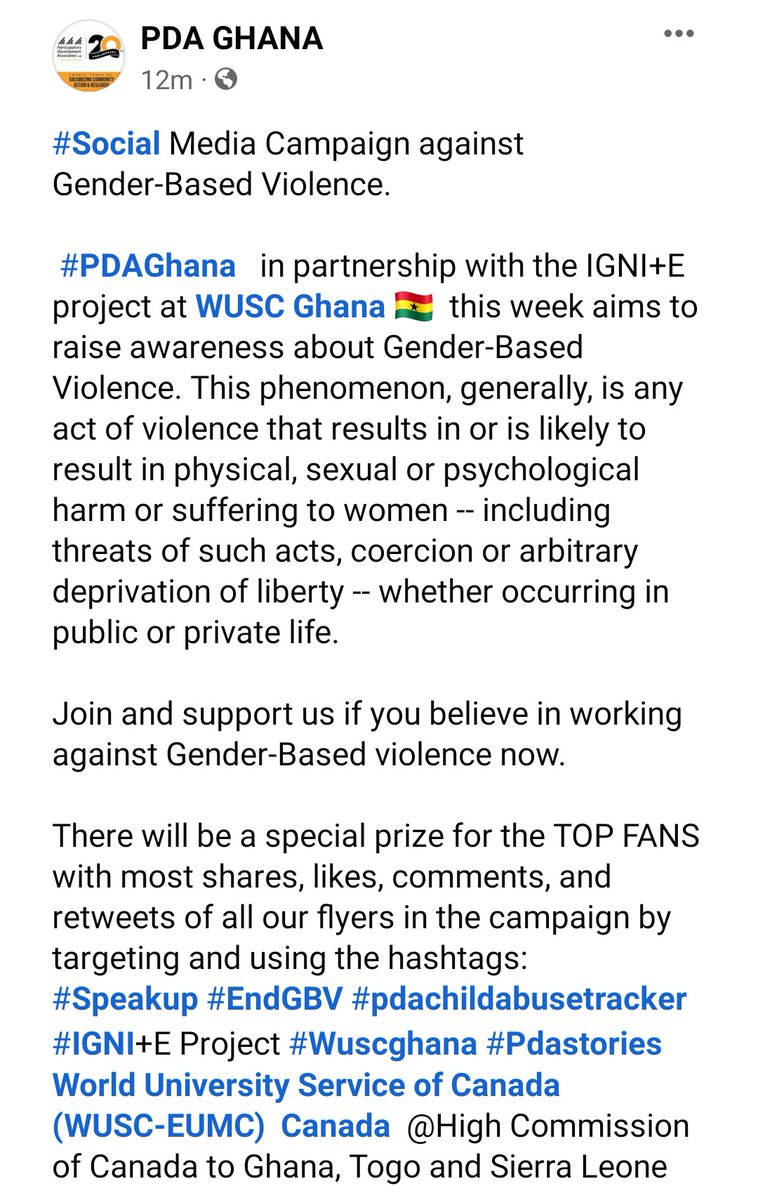 pdaghofficial's tweet photo. #Join and support us if you believe in working against Gender-Based violence now. 
There will be a special prize for the TOP FANS with most shares, likes, comments, and retweets of all our flyers in the campaign by targeting  &amp; hashtags: #Speakup #EndGBV 
👇 https://t.co/lQOp44W77r