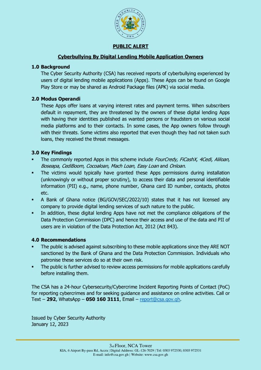 CSAGhana's tweet photo. ‼️‼️‼️
Public Alert ⚠️📢

🚩Stay away from Online Loan Applications

#loans 
#ScamAlert 
#fraud 
#cyberbullying https://t.co/YRJpaRcDai