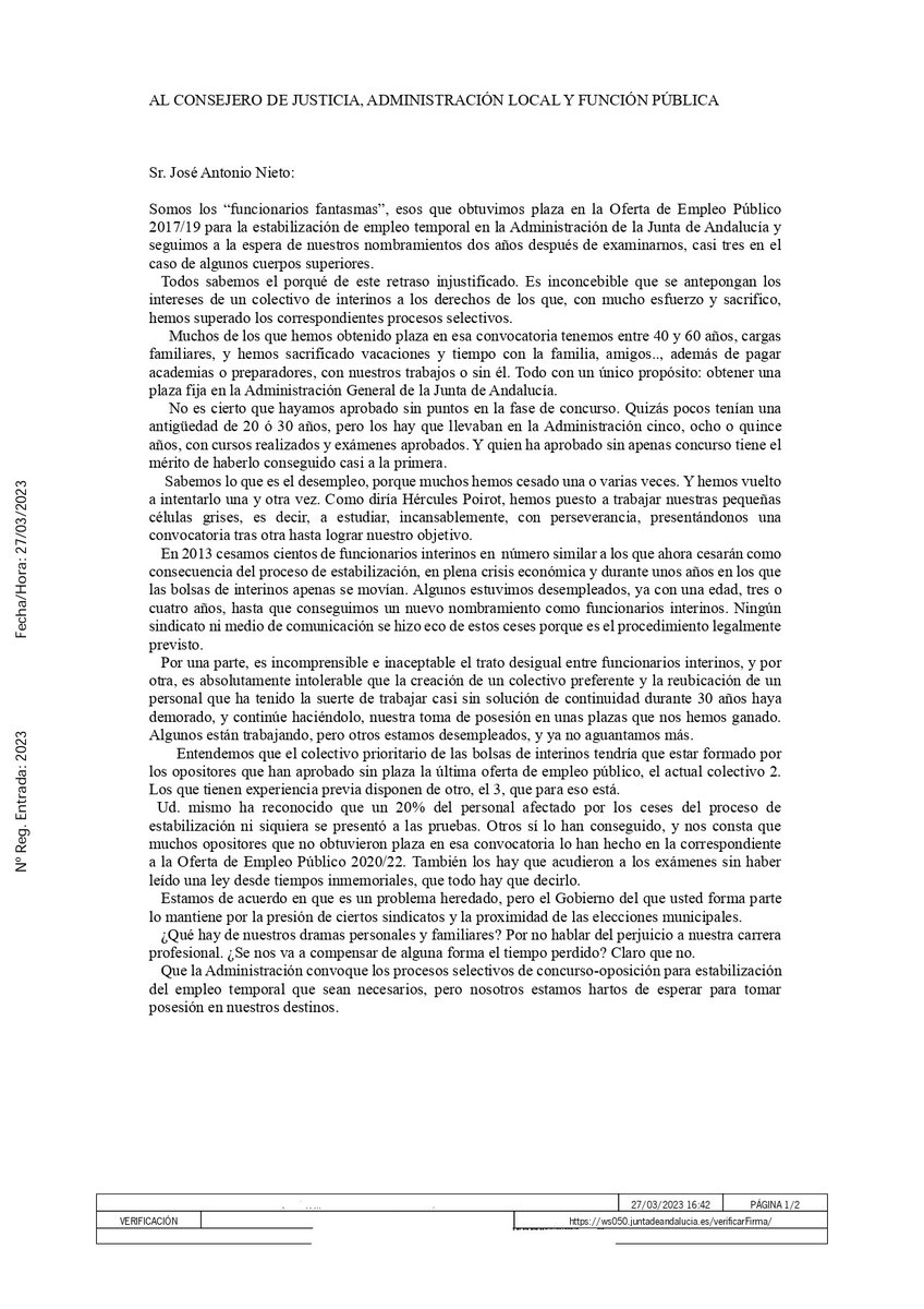 FinidiDeAlcosa's tweet photo. Carta de los Funcionarios Fantasmas para @ja_nietob.
@OpositoresJA @OpositaJA @Saf_Andalucia @DefensorAndaluz https://t.co/SjW1FMD1oK