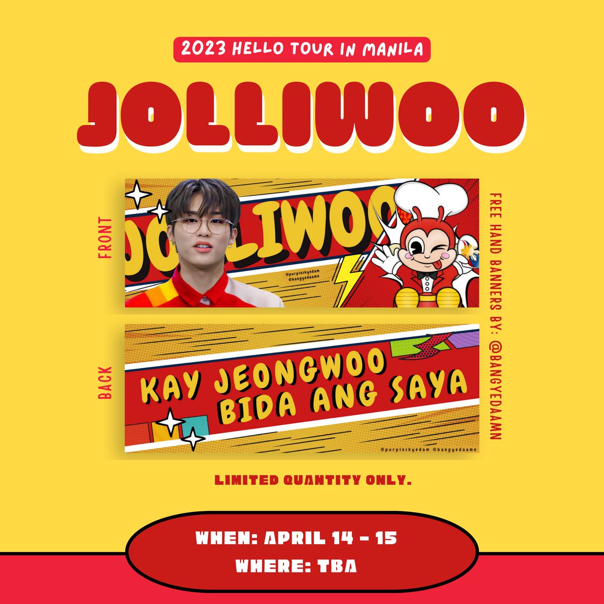 bangyedaamn's tweet photo. Teu-Hi, Teumes ^•^

🌺 I will be giving away Park Jeongwoo’s JOLLIWOO Hand Banners on April 14-15

- exact location will be tba in dday
- limited quantity only
- 1:1 ratio

Banner and pub-mat design by @PURPLESKYEDAM ❤️

#TREASURE_HELLO_IN_MANILA  #TREASUREinManila #TREASURE https://t.co/riSaqmbYFd