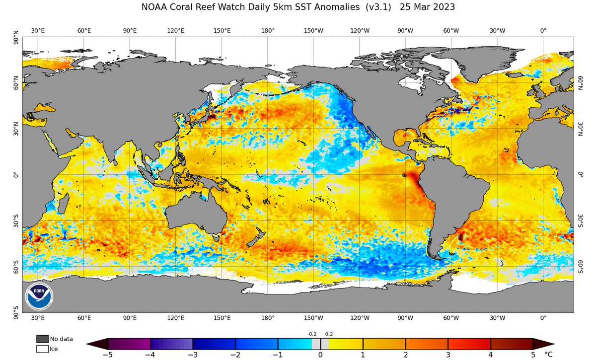 Ocean temperature anomalies (i.e. colder than average values) are currently more negative near California than almost anywhere else on Earth! That's especially remarkable that global average ocean temperatures have reached *record highs* this month... #CAwx #ElNino