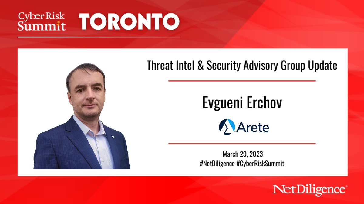 Arete_Advisors's tweet photo. Evgueni Erchov will share insights, on March 29th, at the @NetDiligence Cyber Risk Summit in Toronto, from the latest threat intelligence data to essential security updates. Don't miss it! https://t.co/Oyzgn9UbY9
#CyberRiskSummit #CyberRisk https://t.co/9Iz6wlhGgO