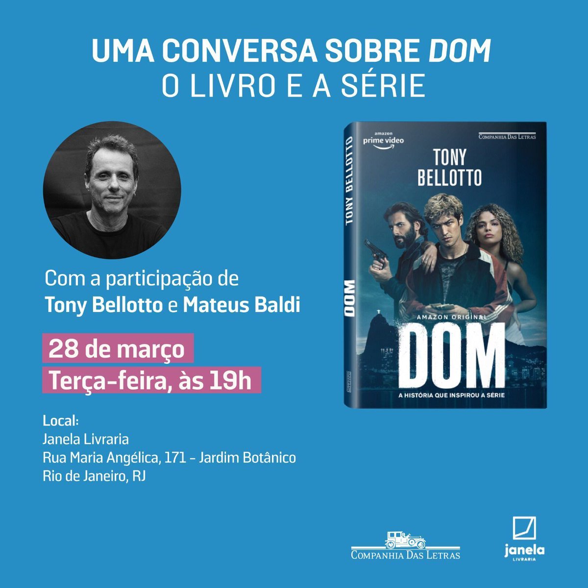 Amanhã, na Janela Livraria, acontecerá o relançamento do livro Dom, do @tonybellottooficial. Não perca!