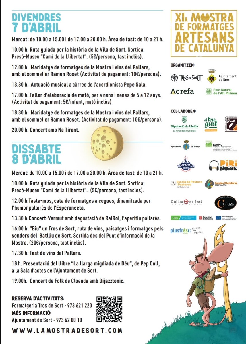 pnaltpirineu's tweet image. Aquesta setmana santa els dies 7 i 8 d’abril organitzem junt amb @ajuntamentsort, #TrosdeSort i ACREFA la XIa Mostra de #Formatges 🧀 Artesans de Catalunya de Sort al #PNAltPirineu. Inclou mercat, tastos 😋, rutes guiades 👣, maridatges 🍷, tallers i molt més! 
Us hi esperem!