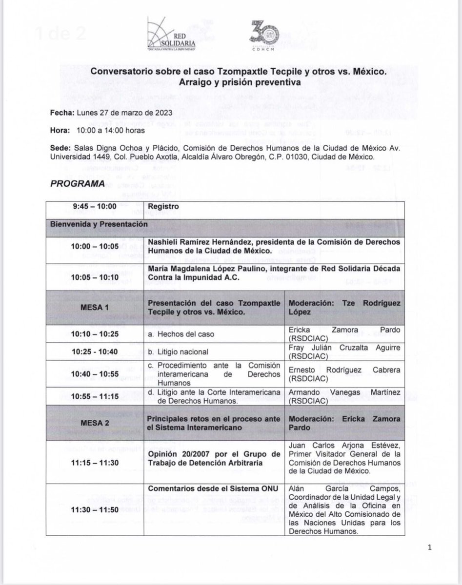 EliaAlmanzaA's tweet image. 📍Hoy en la @CDHCMX se llevará a cabo un Conversatorio sobre el caso Tzompaxtle Tecpile y otros vs México. Un buen espacio para entender lo que está  juego en la implementación de la Sentencia que recientemente emitió la @CorteIDH sobre #Arraigo. Estará también @ONUDHmexico: 👇🏽