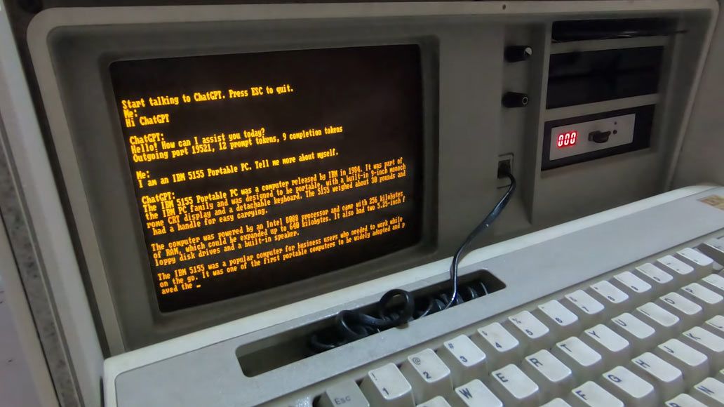 tomshardware's tweet photo. MS-DOS ChatGPT Client Arrives for 1984 IBM PC https://t.co/wvF0hcqXkU https://t.co/JkqDPnWjVK