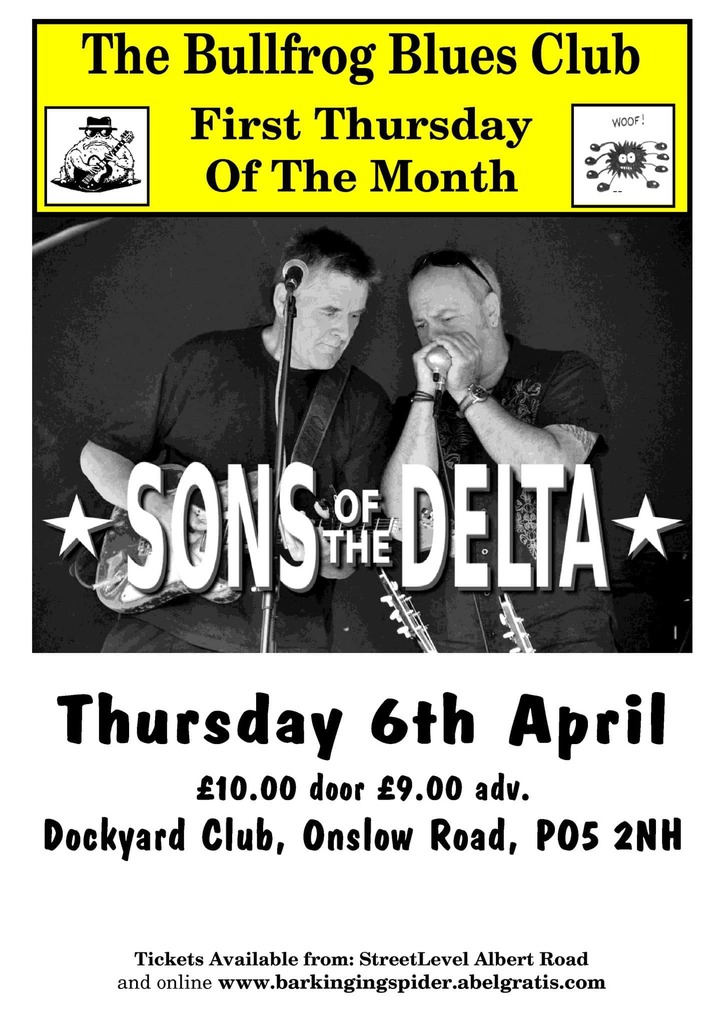 SonsoftheDelta's tweet photo. Really looking forwards to being back at the Bullfrog Blues Club in Southsea on Thursday 6th April. We had a fantastic night last time with a room full of enthusiastic music lovers. Come and join them this time and have a fun night out! Tickets selling well so don't leave it… https://t.co/aEUf9asMcV