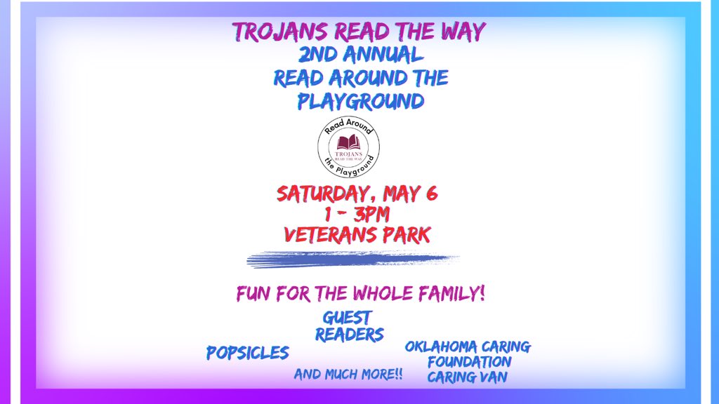 We’re so excited to announce our 2nd Annual Read Around the Playground event! 
Mark your calendar for Saturday,  May 6 from 1 - 3 at Veterans Park for Read Around the Playground with Trojans Read The Way! 

We can’t wait to see you!!