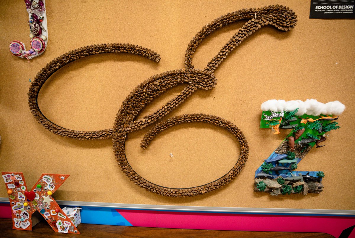 dunwoodycollege's tweet image. ABC... #Graphic Design students chose a word that started with the letter they were randomly assigned in their #typography studio, then had to represent that letter using the letterform and found objects or materials under $10. #BornToDo #schoolofdesign