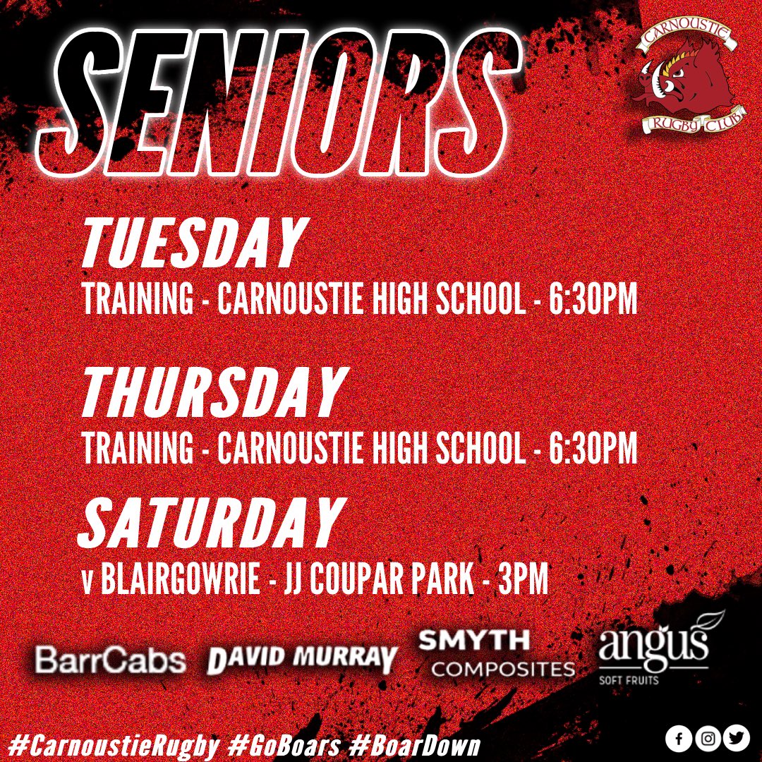 𝗧𝗛𝗘 𝗪𝗘𝗘𝗞 𝗔𝗛𝗘𝗔𝗗 ➡️

It’s the big week for our U16s as they jet off to Spain for their tour taking on Gotics Rugby Club on Thursday evening and Salou Rugby Club on Saturday! ☀️

#CarnoustieRugby #GoBoars #CarnoustieRugbyMinis #CarnoustieRugbyMidis #ScottishRugby #Rugby