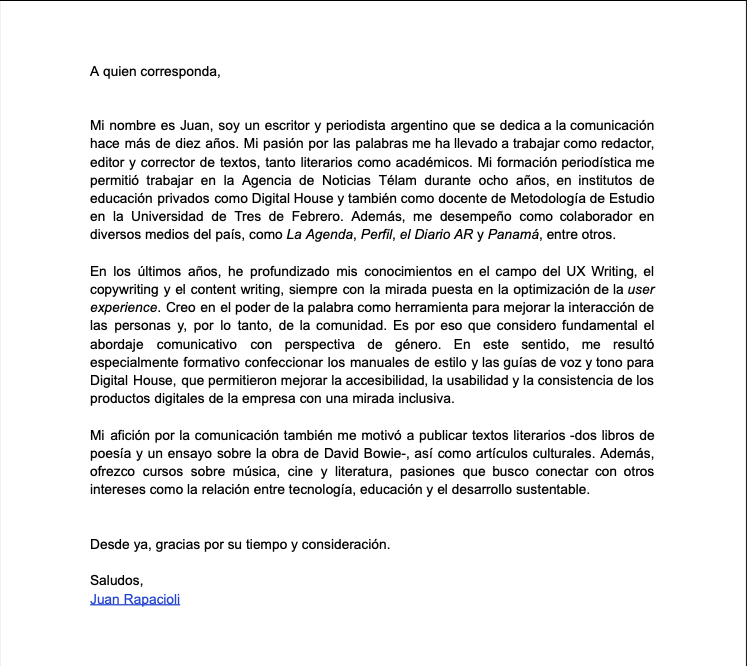JRapacioli's tweet photo. Amigos y amigas, comienzo la semana ofreciendo mis servicios de redacción, corrección, copywriting y UX Writing. Cualquier ayuda e información, se agradece un montón. Comparto mi carta de presentación 👇 https://t.co/xp4d7yeIBj