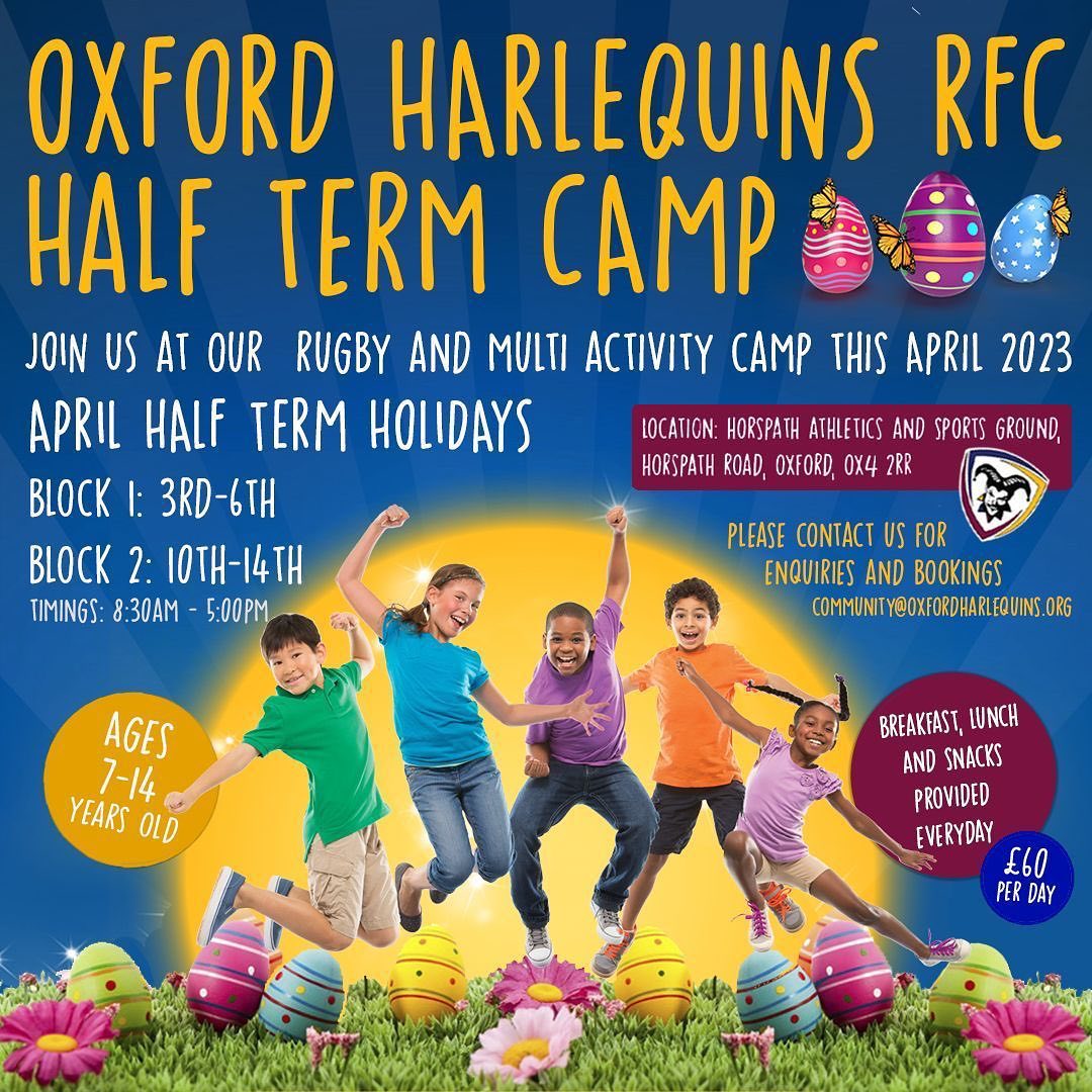 OxfordQuins's tweet photo. Easter is fast approaching; there is still time to join our half-term rugby and multi-activity camp! Book now - community@oxfordharlequins.org 

🏉3 April - 6 April
🏉11 April - 14 April
🏉8:30am-5:00pm
🏉£60 per day 
🏉Breakfast, lunch and snacks are all included.

#OxfordQuins https://t.co/7elc6bJ0v5