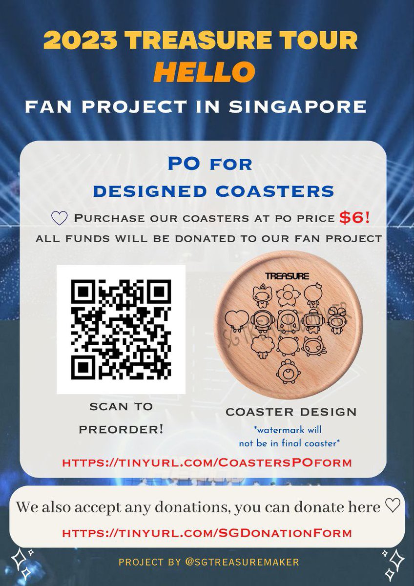SGtreasuremaker's tweet photo. You can preorder your coaster here: https://t.co/Gkd7cfwkKH

Early PO price: $6 
PO Deadline: Wed, 29 Mar

Any donation is appreciated, you can donate here: https://t.co/LtwUj1Y73B

Donation ends: Fri, 7 Apr

#TREASURE #트레저 #TREASUREINSG #TREASURE_HELLO_IN_SINGAPORE https://t.co/WpTPKgipJT