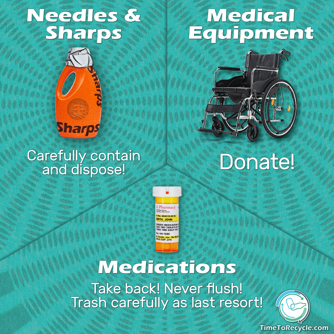 TimeToRecycle's tweet photo. All medical items should be handled with care!
Sharps: dispose carefully!
Equipment: Donate!
Medications: Take back! Don't flush or trash your old pills!
Find a med take-back location at https://t.co/AgNQWhtdqi
#KnowWhatToThrow #TimeToRecycle #MedicalWaste #MedTakeback https://t.co/P75d14SWwV