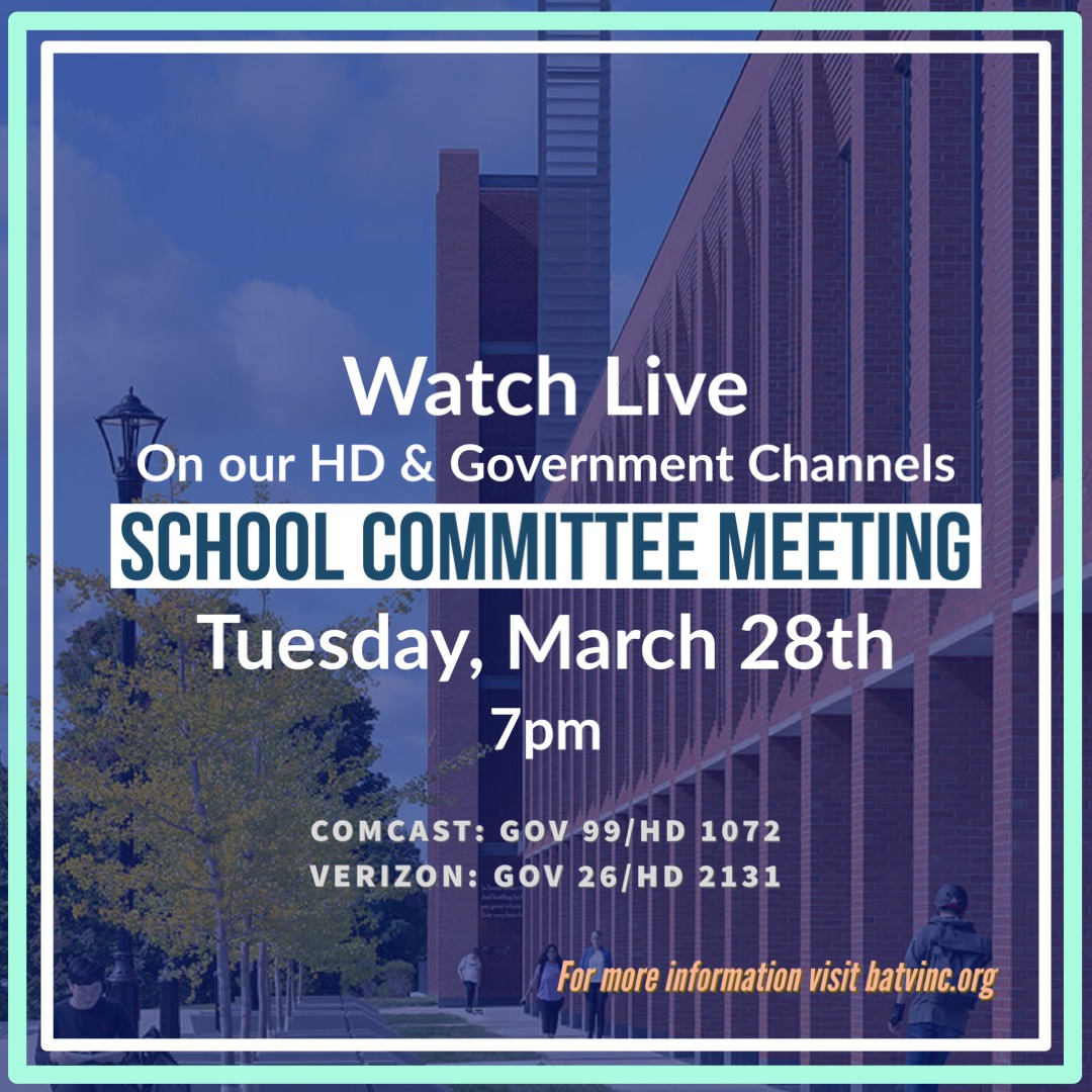 Watch the Billerica School Committee Meeting live Tuesday, March 28th at 7 pm on Gov &amp; HD Channels. 
Watch later via Video On Demand; bit.ly/BillericaTV_VOD
Comcast: Gov99/HD 1072 
Verizon: Gov26/HD 2131