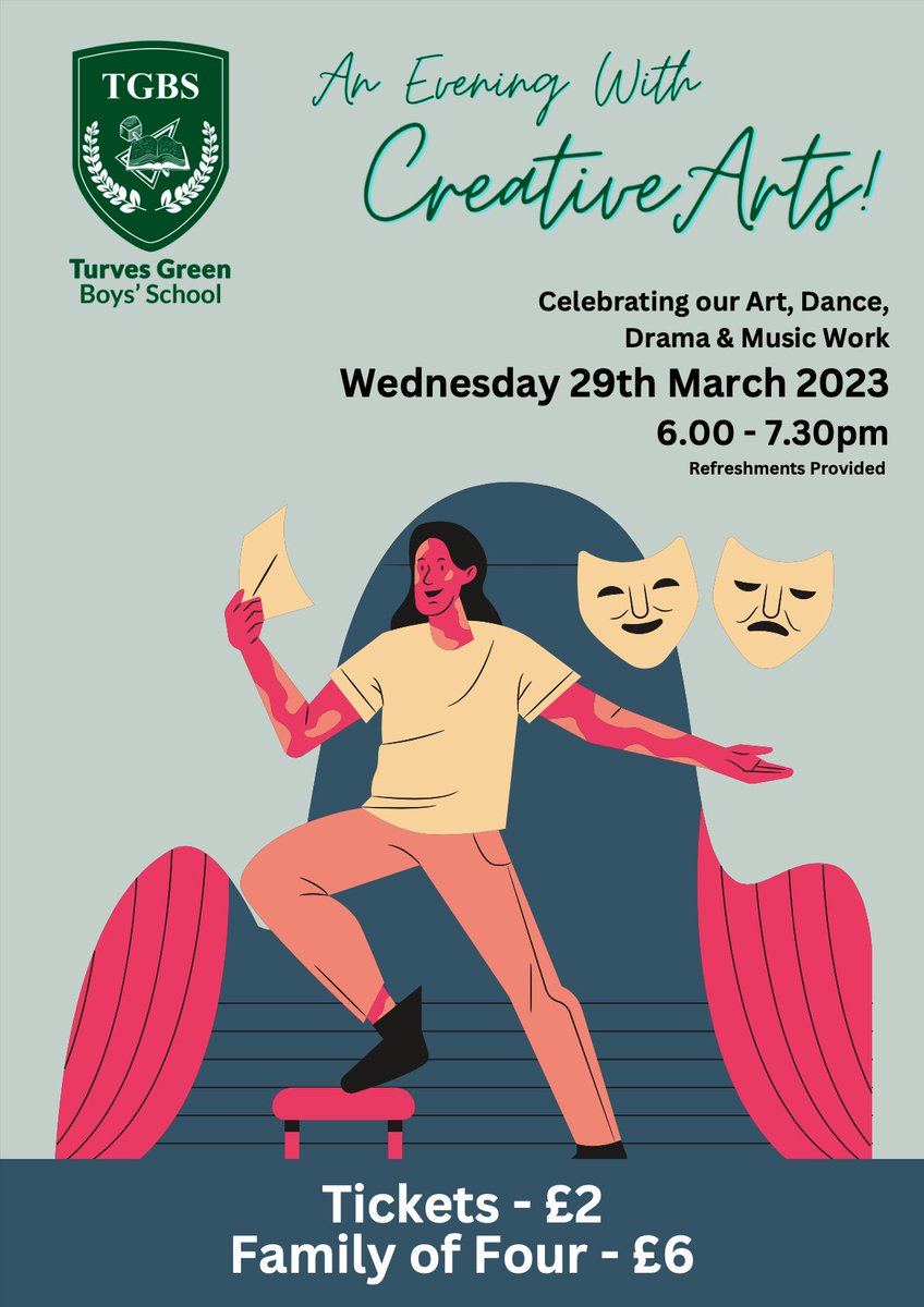 TurvesGreenBoys's tweet photo. Join us on Wednesday for An Evening with Creative Arts🎼🕺
🎟️Tickets available from school reception
#PerformingArts #TGBS #CreativeArts #Showcase https://t.co/UpM2OLZdzI