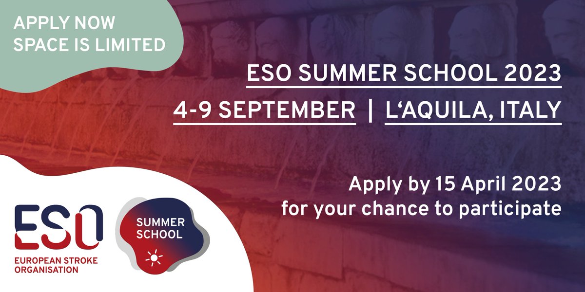 ESOstroke's tweet photo. Submit your application for the 26th #ESOSummerSchool in L’Aquila, Italy, by 15 April 2023!

Read more about the educational programme and application process: https://t.co/hue4FCnpaI

#strokeresearch #StrokeEducation #stroke https://t.co/w8d5X50G3l