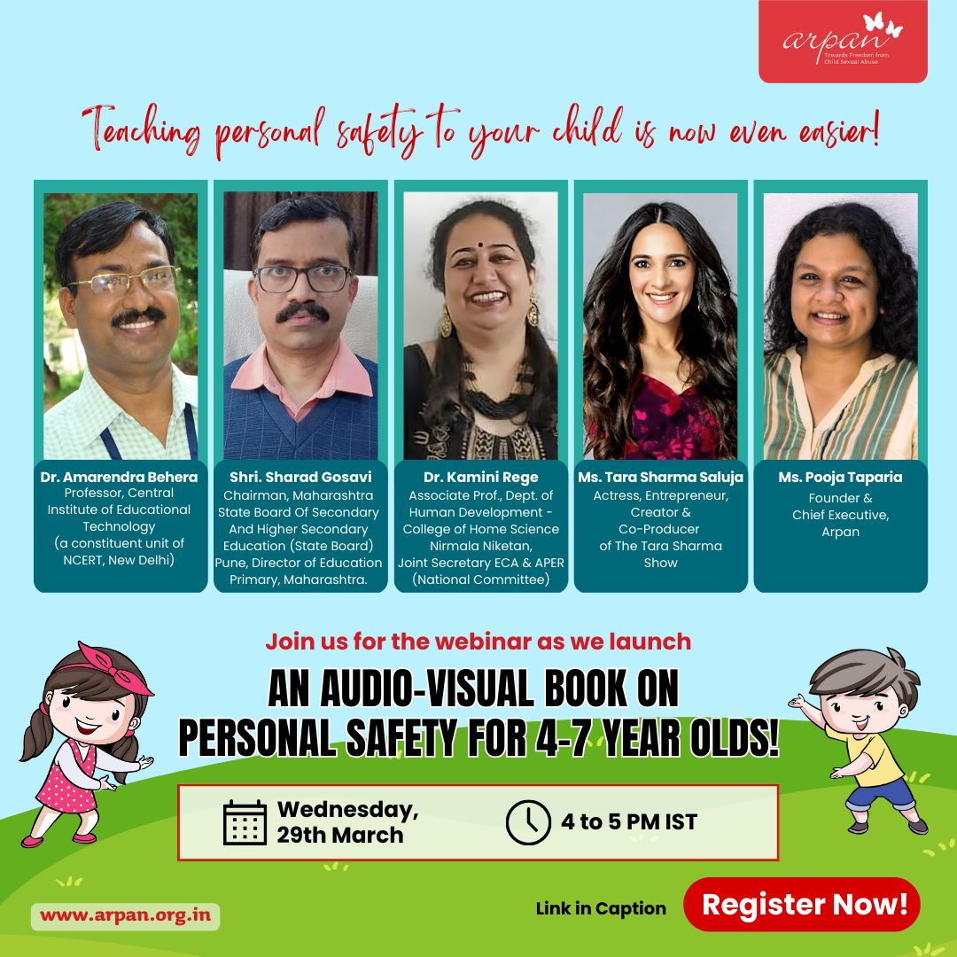 Arpan_CSA's tweet photo. Want to know how to teach children Personal Safety? Then this webinar is a must-attend for you! We will be launching our audio-visual book on Personal Safety for 4 to 7 year olds that will teach children Personal Safety in a fun but effective way! https://t.co/uf38oPE2NZ