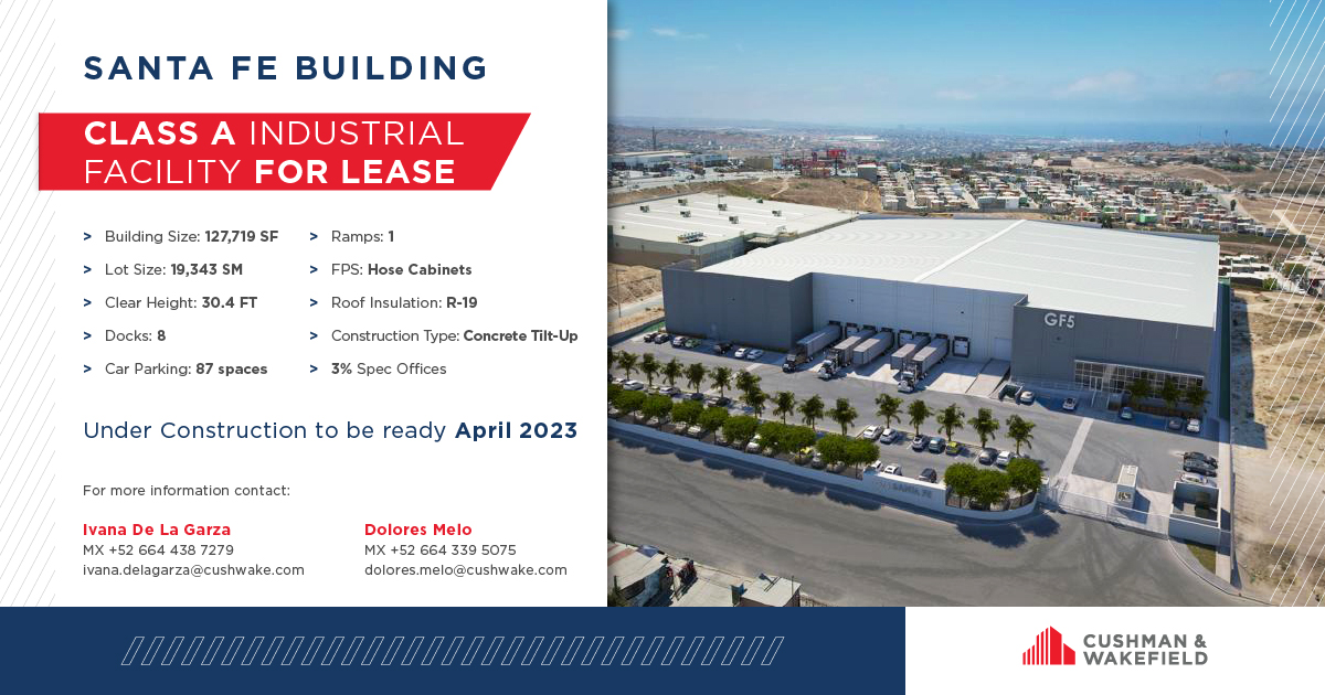 cushwakemexico's tweet photo. Santa Fe Building |127,719 Class A Industrial Facility #AvailableForLease
Under Construction to be ready by #April2023. Strategic Location in one of the most prominent submarkets of Tijuana. #WalkingDistance to transportation and easy access to the South Submarket Worker Housing https://t.co/seDW4vHNgA