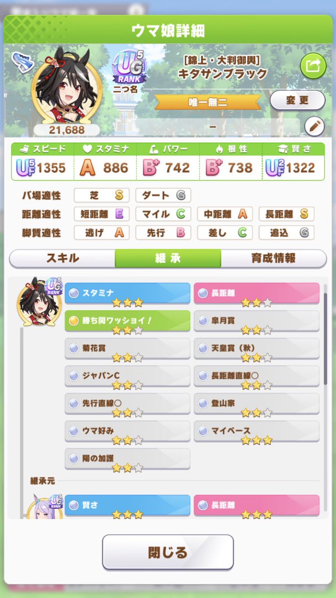 KleinLeos's tweet photo. アリエス杯に向けて祖父母に使えそうなキタサン置いてます。

ID：411715724109
代表：キタサンブラック
青因子：スタミナ6賢さ3
赤因子：長距離5芝3
緑因子：勝ち鬨ワッショイ！2
白因子：マイペース3 登山家5
長距離直線2 先行直線2 陽の加護2
コーナー回復2   など  

#ウマ娘
#フレンド募集 https://t.co/oxNejvaxtr