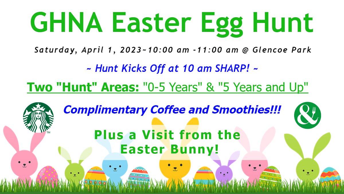 Bring your baskets and charge up your cameras! The Easter Bunny is coming to Greenland Hills! Residents, meet us near the playground in Glencoe Park THIS Saturday, April 1st for the annual GHNA Easter Egg Hunt. Thank you to Starbucks and Crisp&amp; Green for our refreshments!