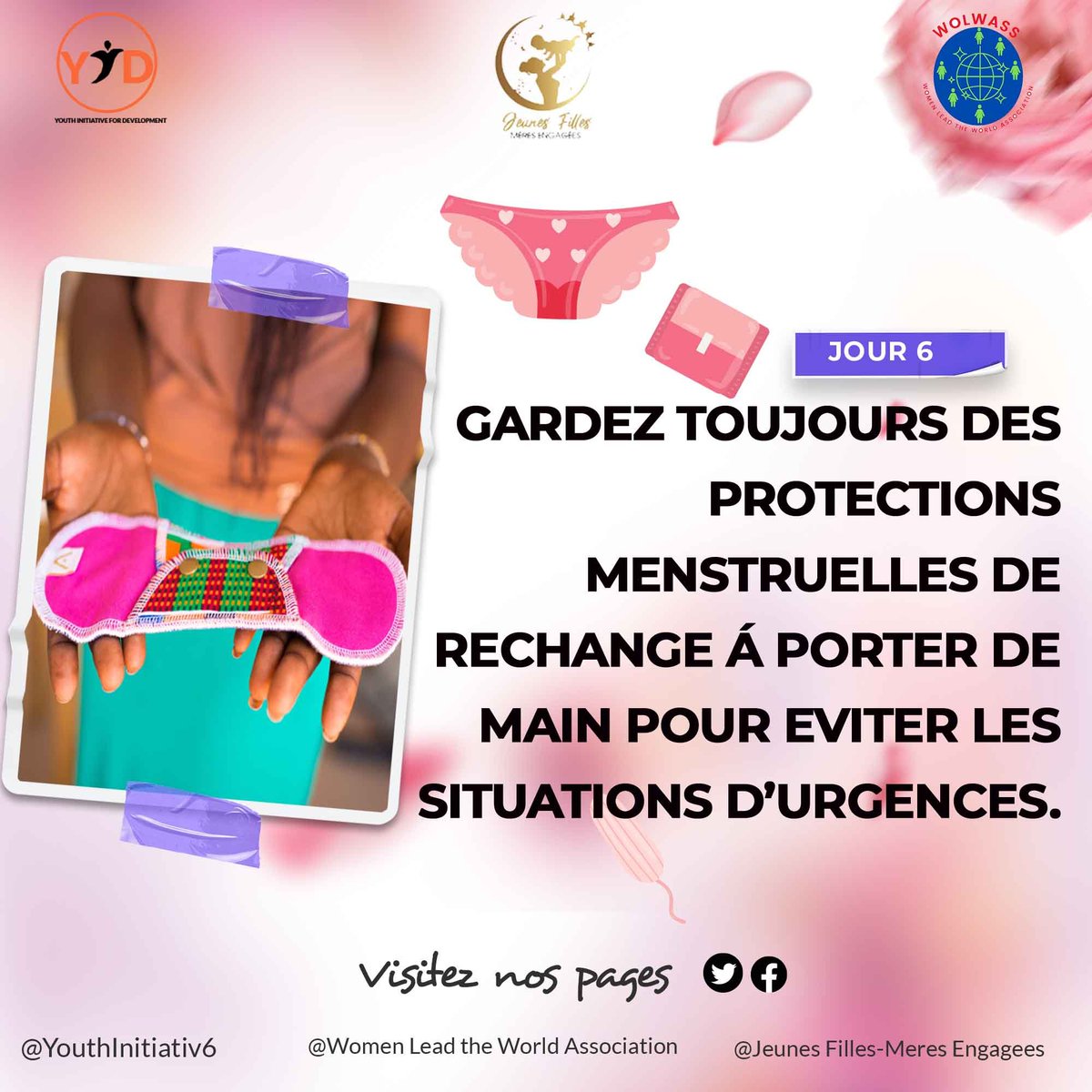YouthInitiativ6's tweet photo. #jour6 #Campagnedigitale 
Gardez toujours des protections #menstruelles de rechange á porter de main pour éviter les situations d’urgences. 
#hygiènemenstruelle #bénin #règle #infection #Bénin #Cotonou #filles https://t.co/sbKhMQb7ut