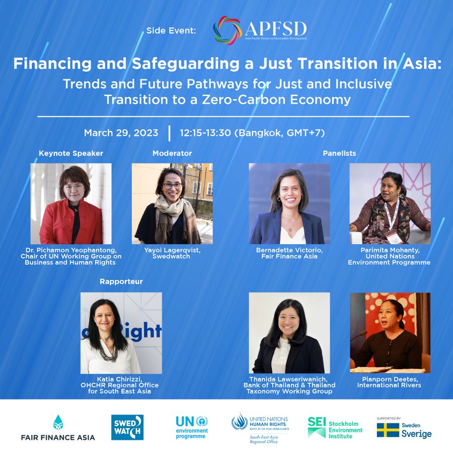 A just transition in #Asia!
@Swedwatch is co-organising an #APFSD side event on just and inclusive transition to a zero-carbon economy in Asia and the Pacific region in Bangkok. 
👇
🗓️March 29
🕛12.15-13.30 hrs Bangkok time (GMT+7)
🎥Watch the event live👉https://t.co/tnTL4Ui99W https://t.co/5rYqVa34KX