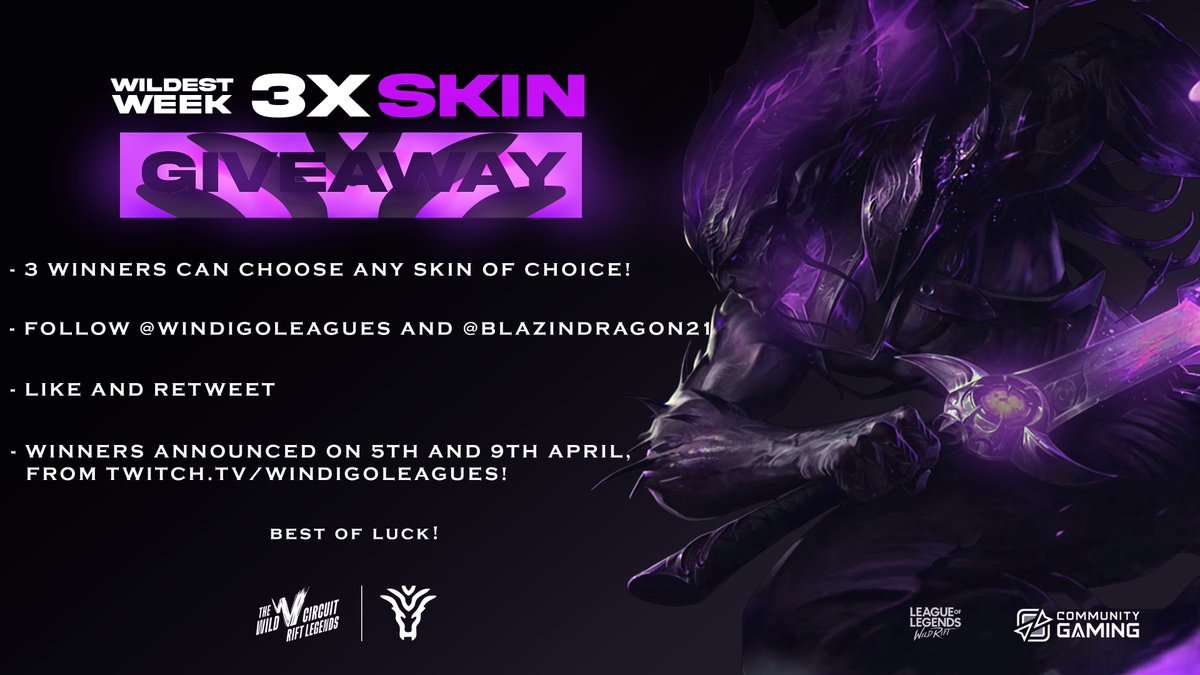 TeamWindigo's tweet photo. Introducing the Wildest Week Skin Giveaway!🥳

To Participate:
- Follow @TeamWindigo and @BlazinDragon21 
- Like and Retweet!
And that's it!

Be sure to follow the #RiftLegends Wildest Week, Apr. 3rd-9th!
 
Winners will be drawn live, Apr. 5th and 9th on https://t.co/4ajQv0CX6k! https://t.co/MVXVrL1ytG